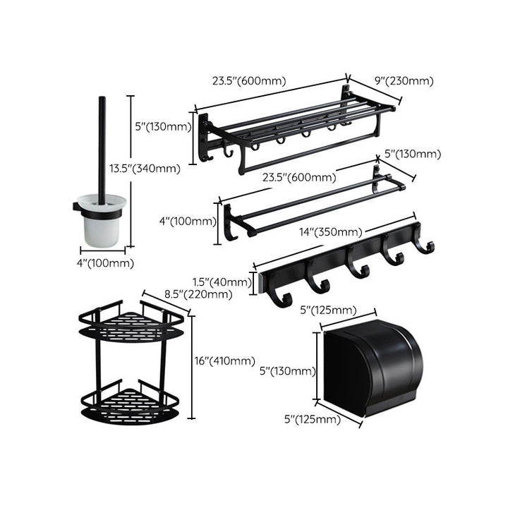 BowLift | 6-piece modern bathroom hardware set in matte black with bathroom shelf/towel holder & bathrobe hooks