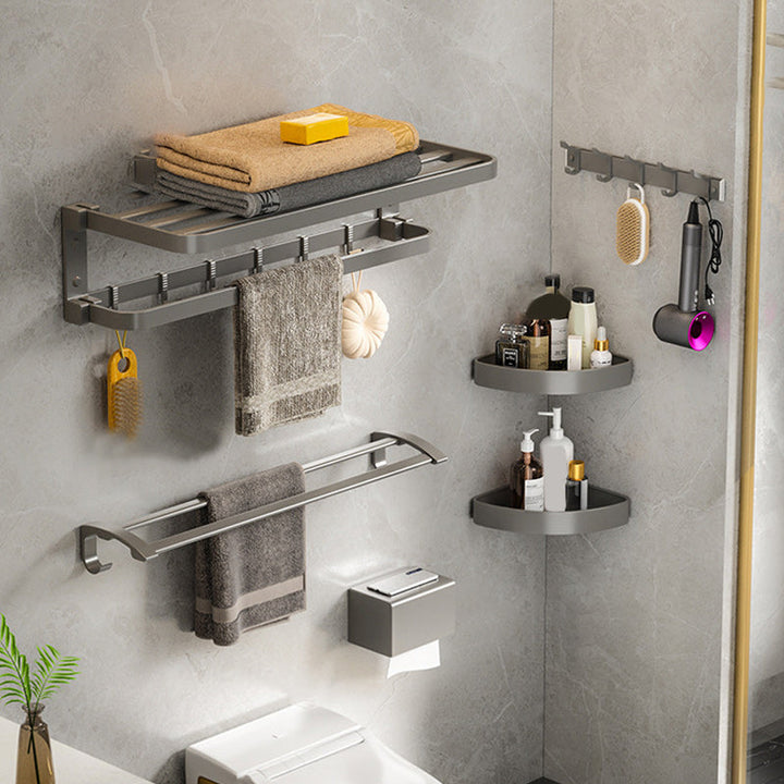 BowLift | Modern Gray Bathroom Accessory Set Aluminum Stainless Steel Bathroom Shelf/Towel Hooks/Towel Bar