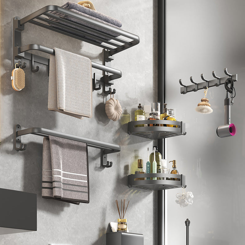 BowLift | Modern gray bathroom hardware set with bath shelf/towel holder/robe hook/toilet paper holder