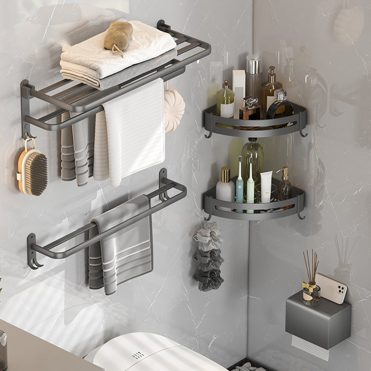BowLift | Modern gray bathroom hardware set with bath shelf/towel holder/robe hook/toilet paper holder