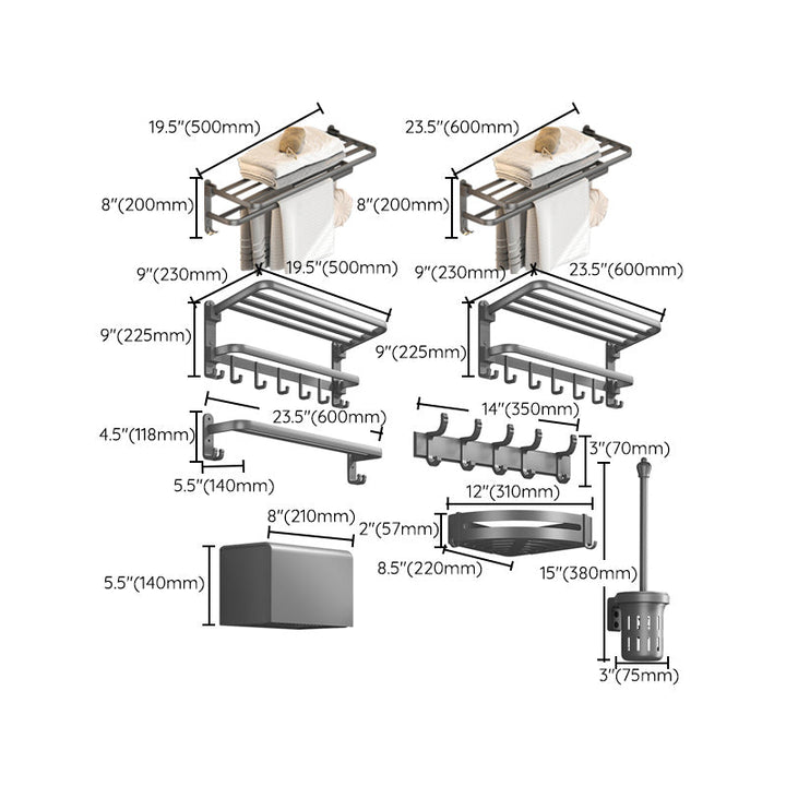BowLift | Modern gray bathroom hardware set with bath shelf/towel holder/robe hook/toilet paper holder