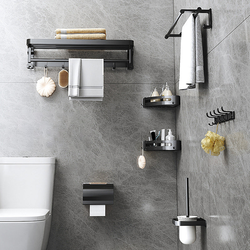 BowLift | Modern Matte Black Bathroom Accessory Set with Bath Shelf/Towel Hooks/Towel Bar