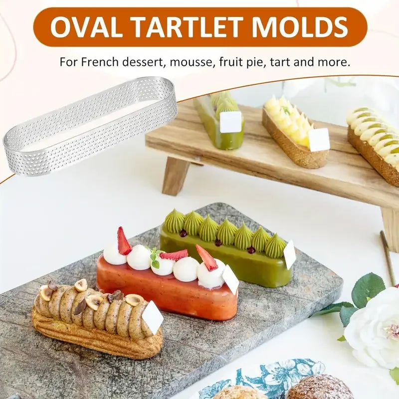 6/8pcs Stainless Steel Oval Tart Rings Perforated Pastry and Cake Molds | Bowlift