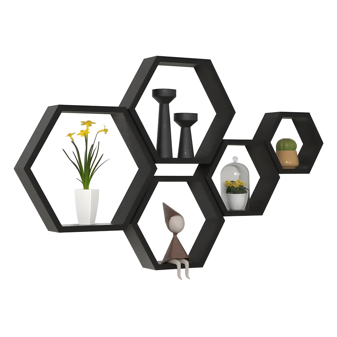 BowLift | Wall shelf set HexaWood | 5-piece | Hexagon design | Rustic wood look