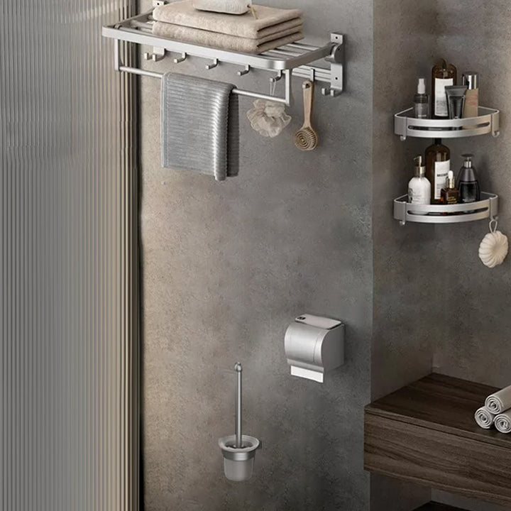 BowLift | Contemporary Silver Metal Bathroom Fixture Set with Triangle Bathroom Shelf