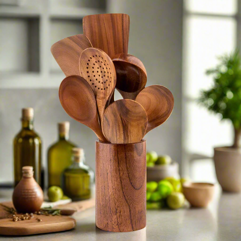 TeakChef Kitchen Set – Durable Antibacterial Kitchen Utensils made of Teak Wood | Bowlift