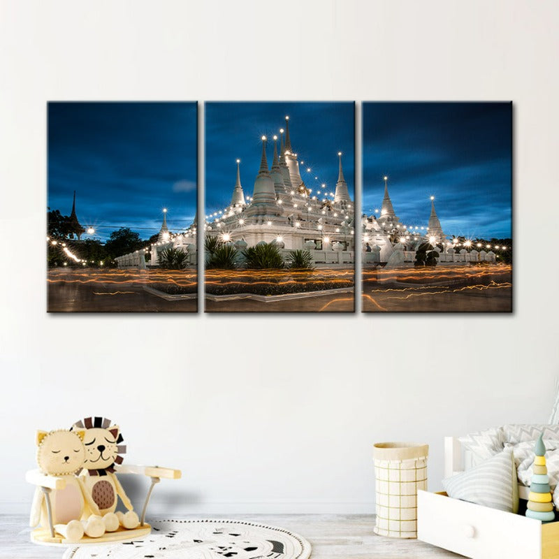 Beautiful Temple Night Time-Canvas Wall Art Painting 3 Pieces | Bowlift