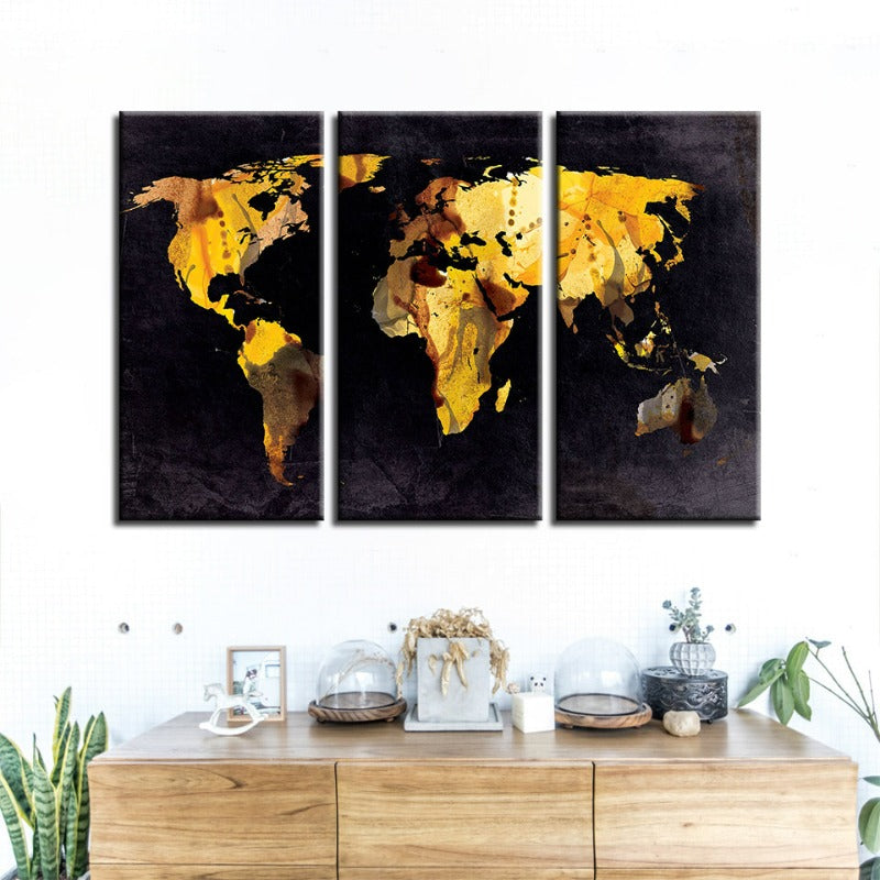 Beautiful Yellow Leaf World Map-Canvas Wall Art Painting 3 Pieces | Bowlift