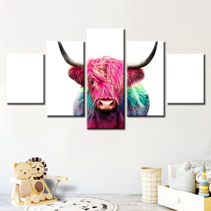 5 Piece Colorful Pink Cow - Canvas Wall Art Painting | Bowlift