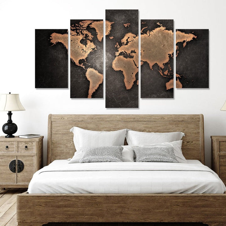 5 Piece Brown World Map - Canvas Wall Art Painting | Bowlift
