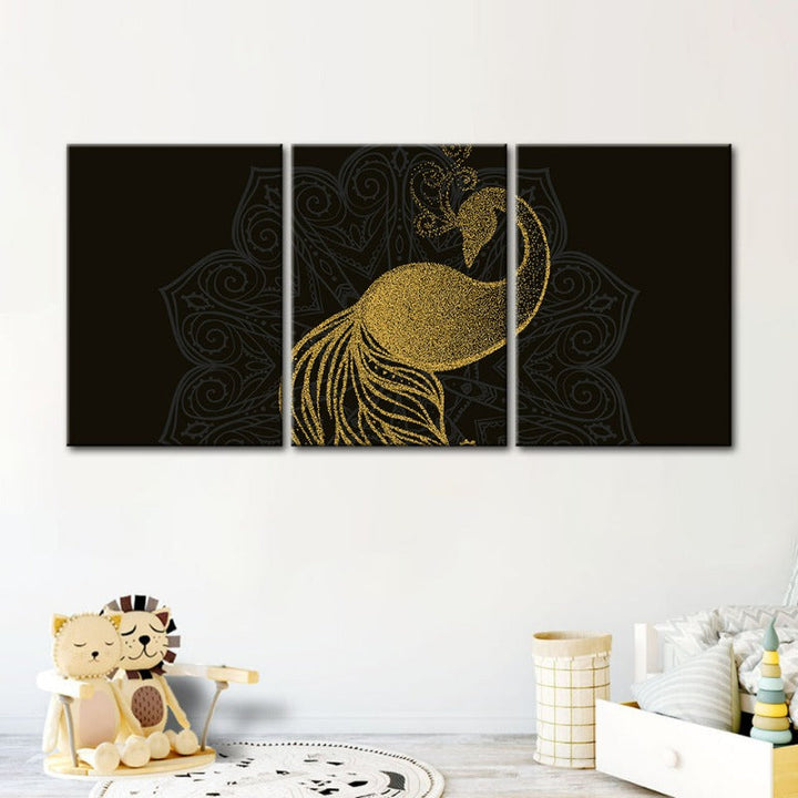 Abstract Golden Mandala Peacock - Canvas Wall Art Painting 3 Pieces | Bowlift