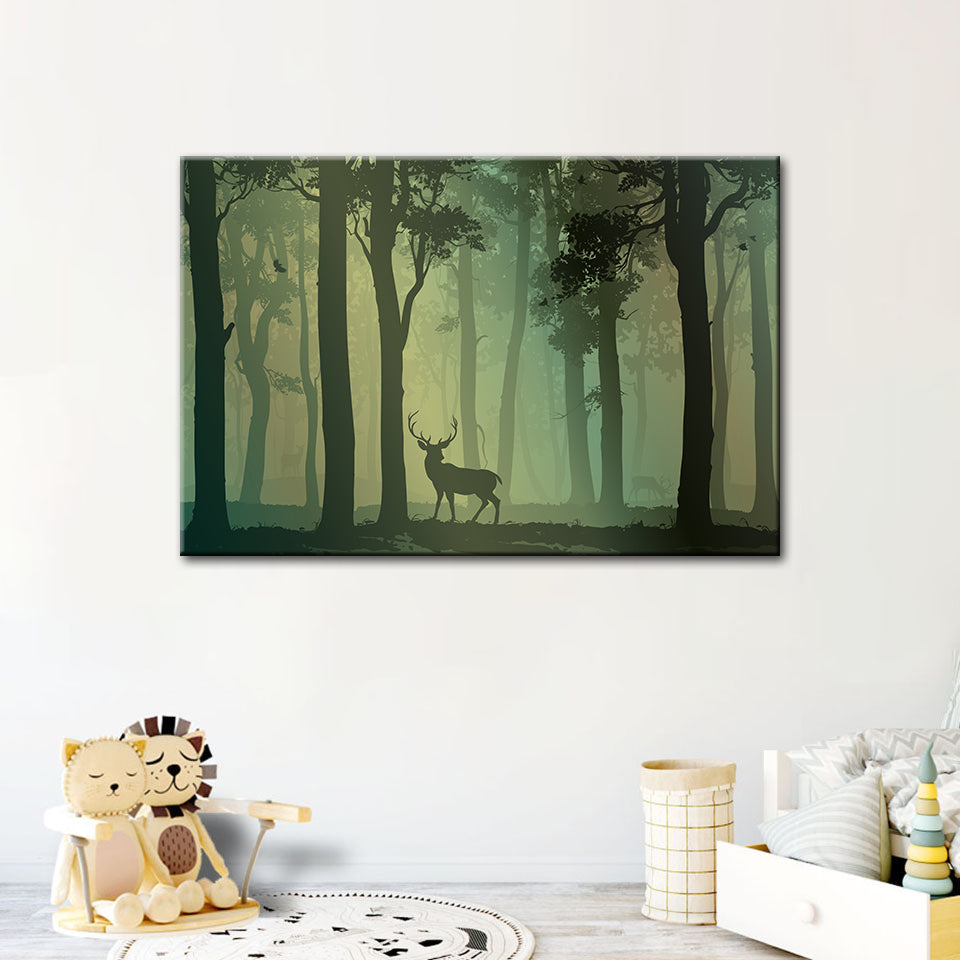 Enchanted Green Toned Silhouetted Deer - Canvas Wall Art Painting | Bowlift