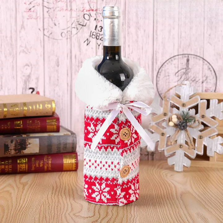 Christmas bottle cover with fur collar – festive cover for wine bottles, gnome decoration for Christmas, perfect as gift wrapping | Bowlift