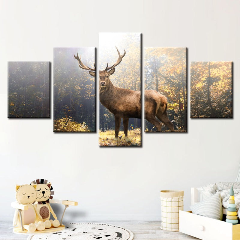5 Piece Majestic Deer In The Woods - Canvas Wall Art Painting | Bowlift