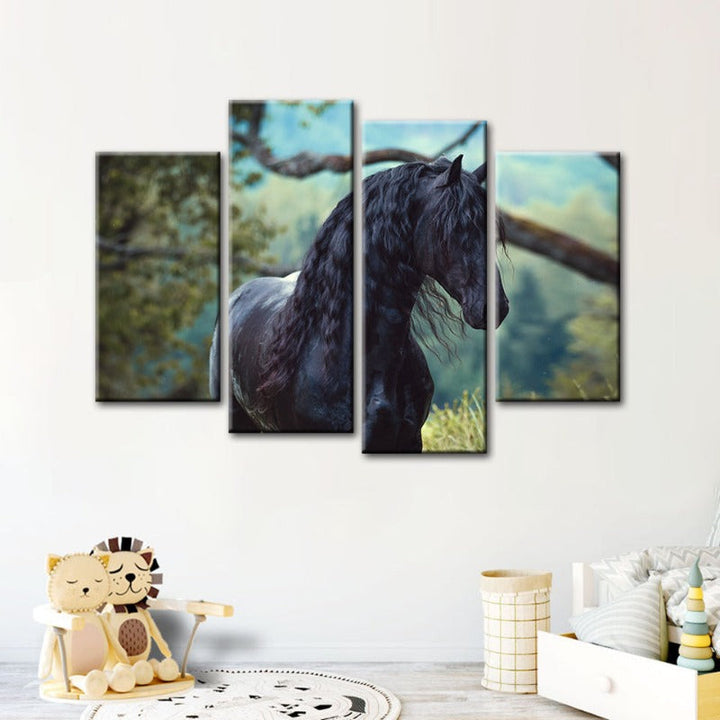 4 Piece Black Horse In Forest - Canvas Wall Art Painting | Bowlift