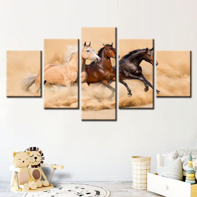 5 Piece Three Running Horses in Desert - Canvas Wall Art Painting | Bowlift