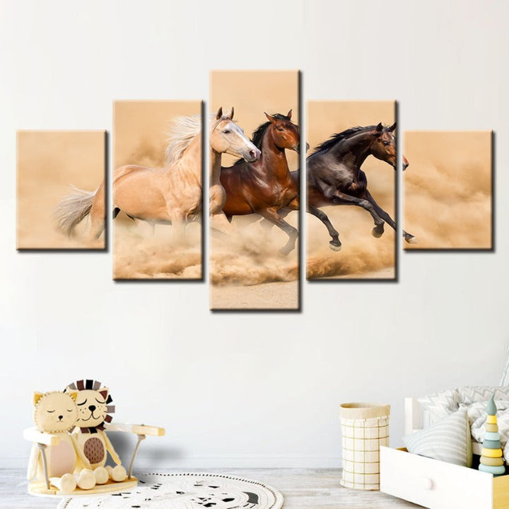 5 Piece Three Running Horses in Desert - Canvas Wall Art Painting | Bowlift