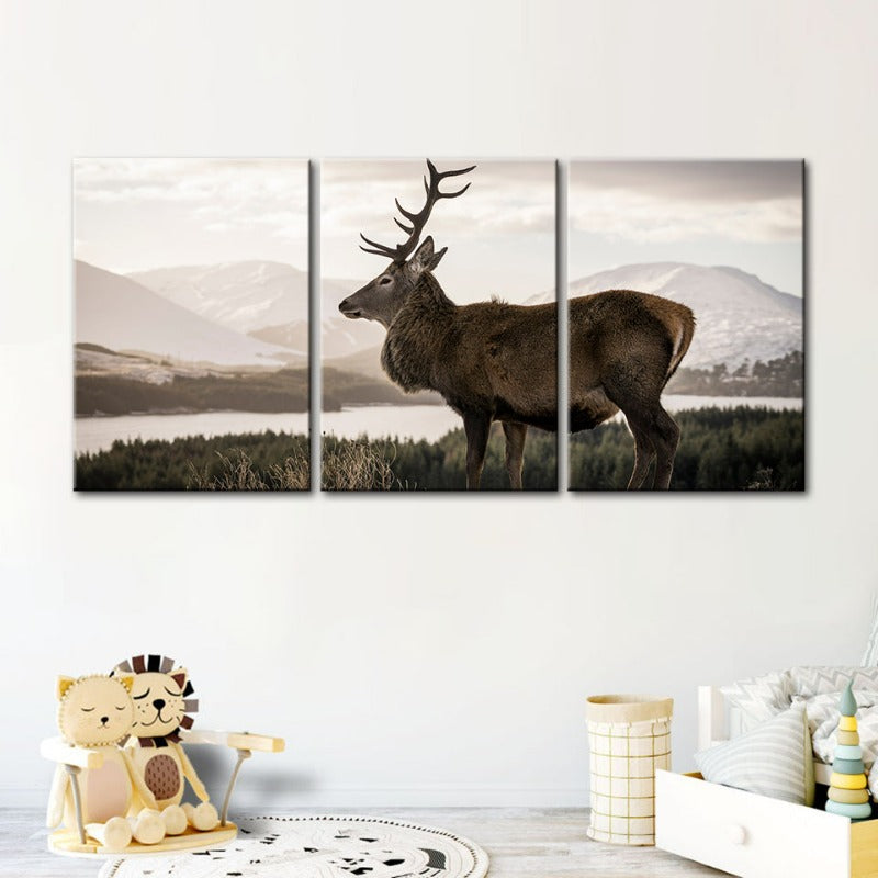 Somber Winter Deer-Canvas Wall Art Painting 3 Pieces | Bowlift