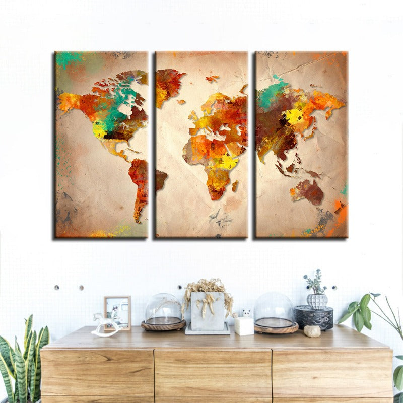 Beautiful Abstract Multi-Color World Map-Canvas Wall Art Painting 3 Pieces | Bowlift