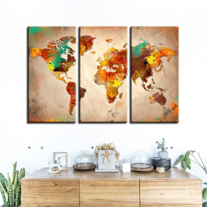 Beautiful Abstract Multi-Color World Map-Canvas Wall Art Painting 3 Pieces | Bowlift