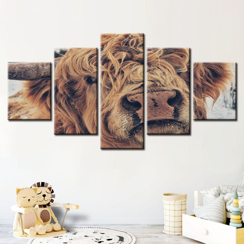5 Piece Close Up Brown Cow - Canvas Wall Art Painting | Bowlift
