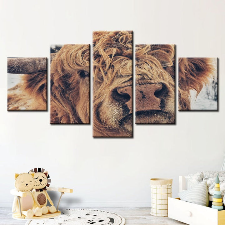 5 Piece Close Up Brown Cow - Canvas Wall Art Painting | Bowlift