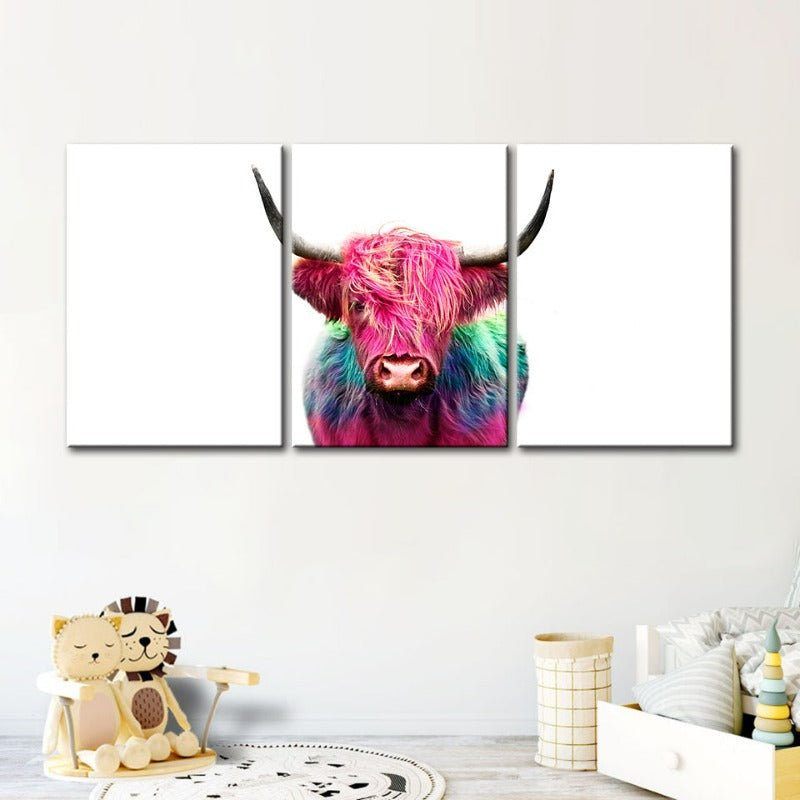 Colorful Pink Cow-Canvas Wall Art Painting 3 Pieces | Bowlift