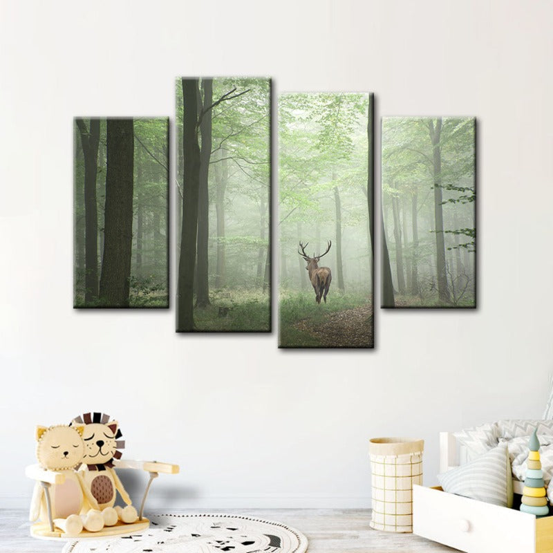 4 Piece Misty Mystical Deer in the Woods - Canvas Wall Art Painting | Bowlift