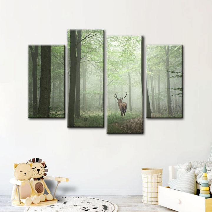 4 Piece Misty Mystical Deer in the Woods - Canvas Wall Art Painting | Bowlift