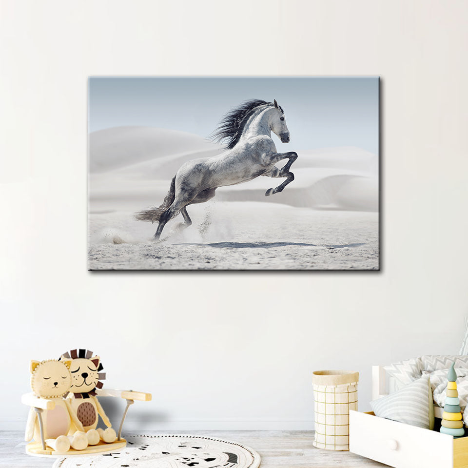 Jumping White Horse - Canvas Wall Art Painting | Bowlift
