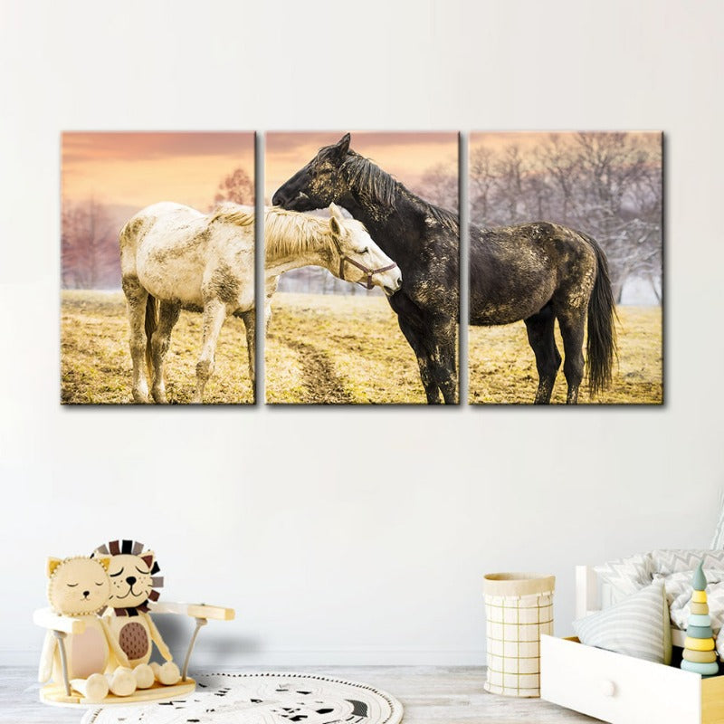 Black & White Horses-Canvas Wall Art Painting 3 Pieces | Bowlift