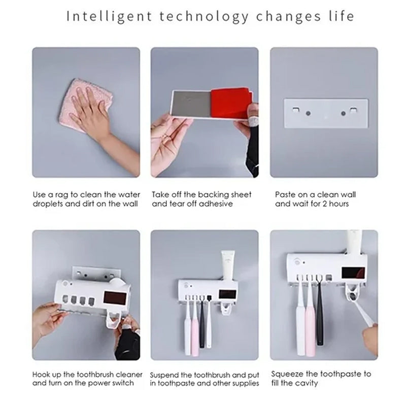 BowLift | Smart UV Light Sterilizer Toothbrush Holder, Wall Mounted Toothpaste Dispenser
