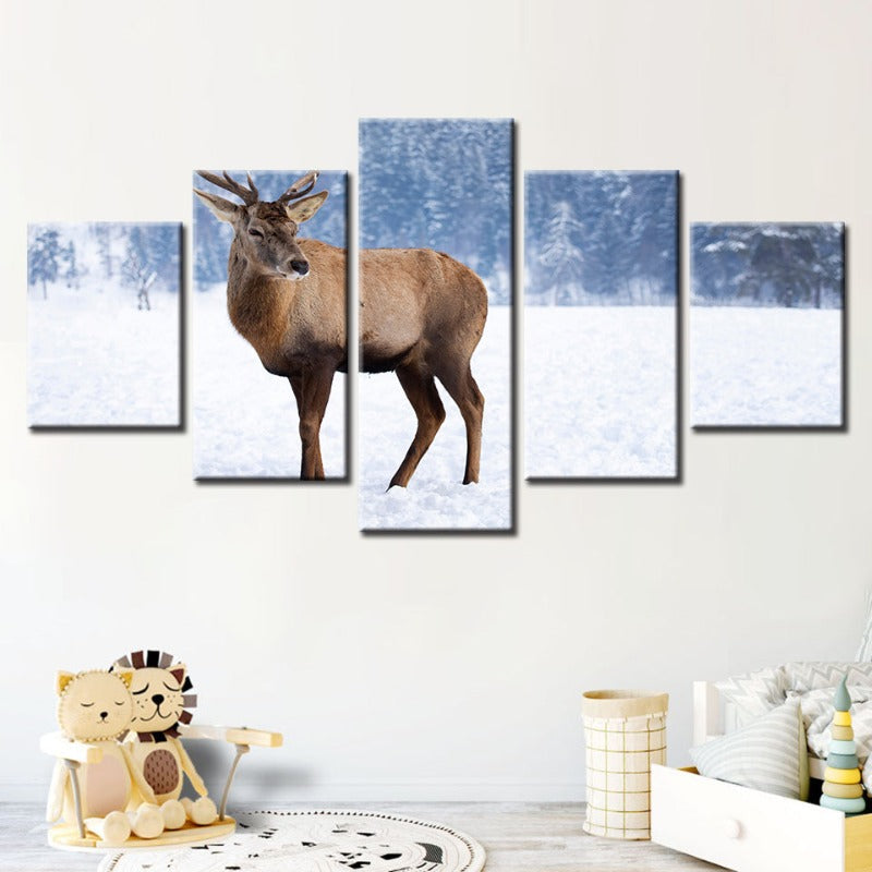 5 Piece Snowy Landscape Deer - Canvas Wall Art Painting | Bowlift