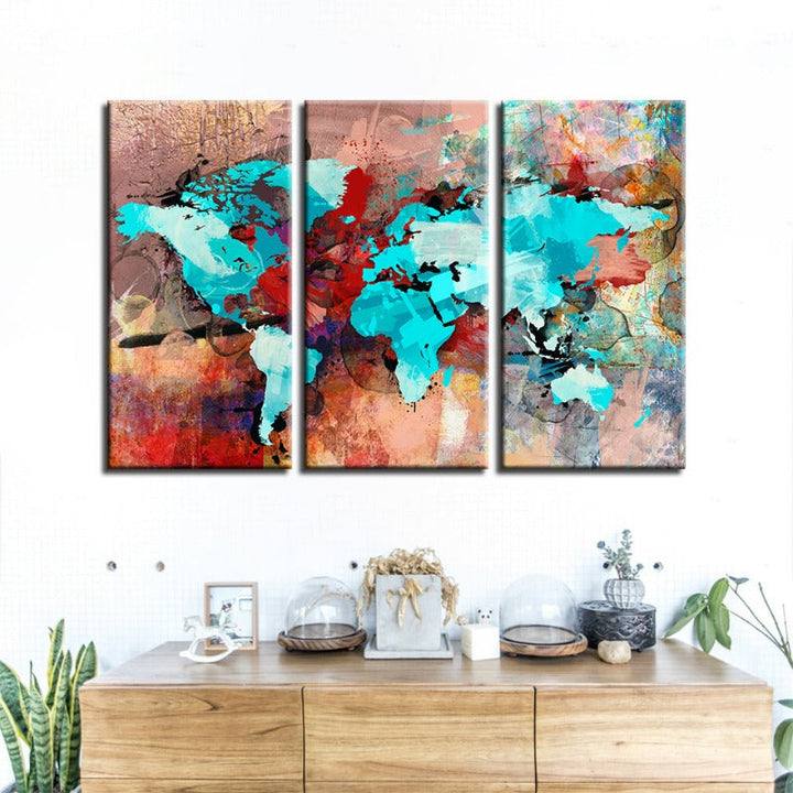 Beautiful Abstract Sea Blue & Red World Map-Canvas Wall Art Painting 3 Pieces | Bowlift