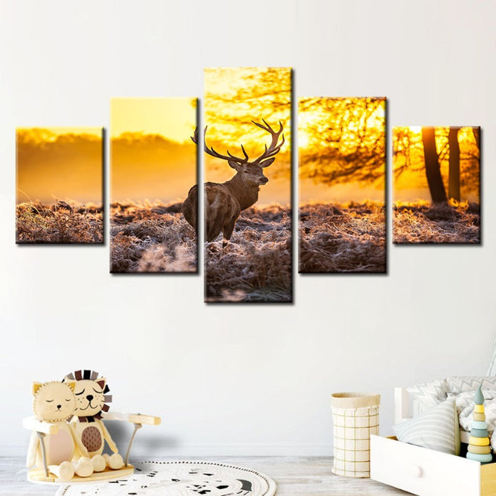 5 Piece Winter Deer at Dawn - Canvas Wall Art Painting | Bowlift