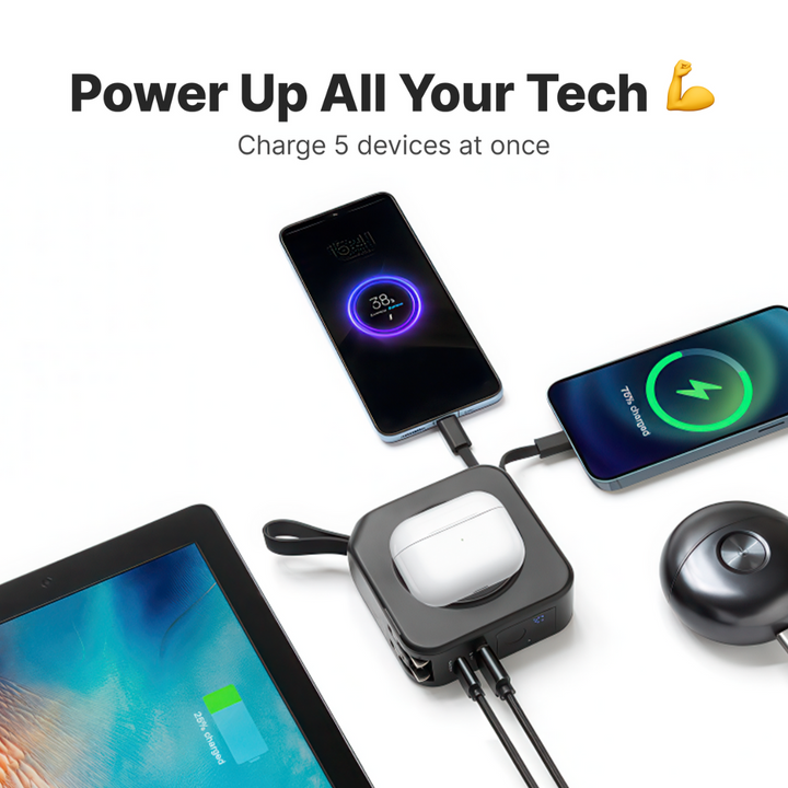 BowLift | TravelBank | Portable 5-in-1 Wall Charger | Wireless Charging, Power Bank & Multi-Device Charging