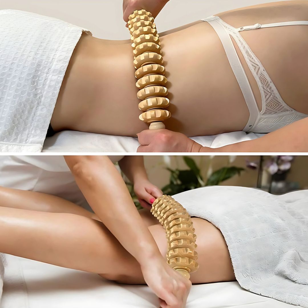De-Puffing Anti-Cellulite Wood Massager – Skin Smoothing Pain Relief – Home Body Sculpting Tool Bowlift