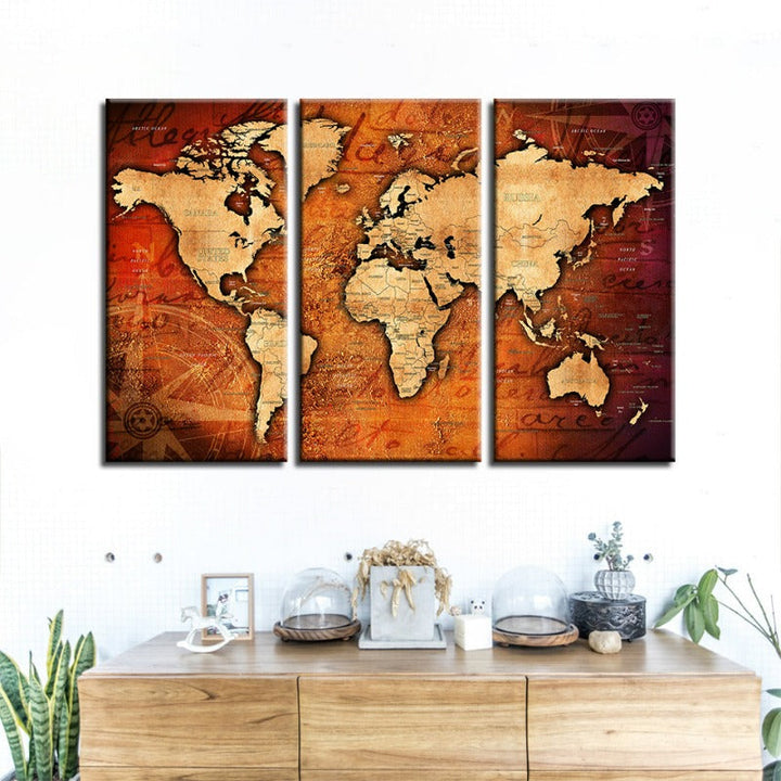 Brown & Red Rustic World Map-Canvas Wall Art Painting 3 Pieces | Bowlift