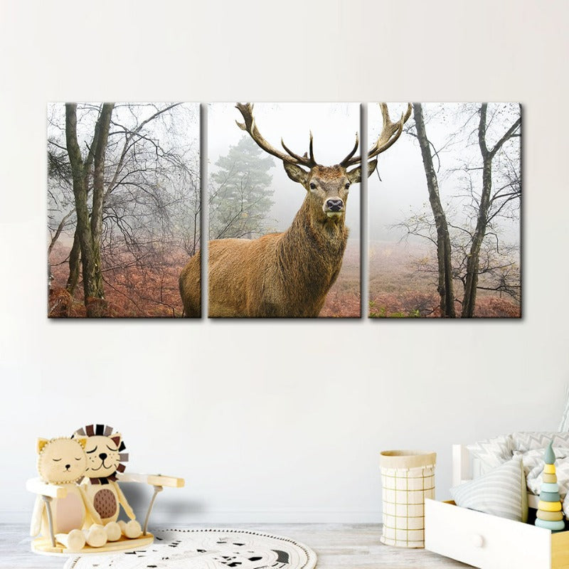 Misty Fall Deer-Canvas Wall Art Painting 3 Pieces | Bowlift