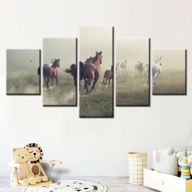 5 Piece Running Black Horse - Canvas Wall Art Painting | Bowlift