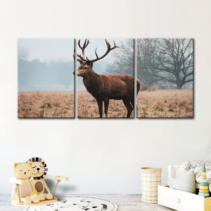 Regal Deer In The Plains-Canvas Wall Art Painting 3 Pieces | Bowlift