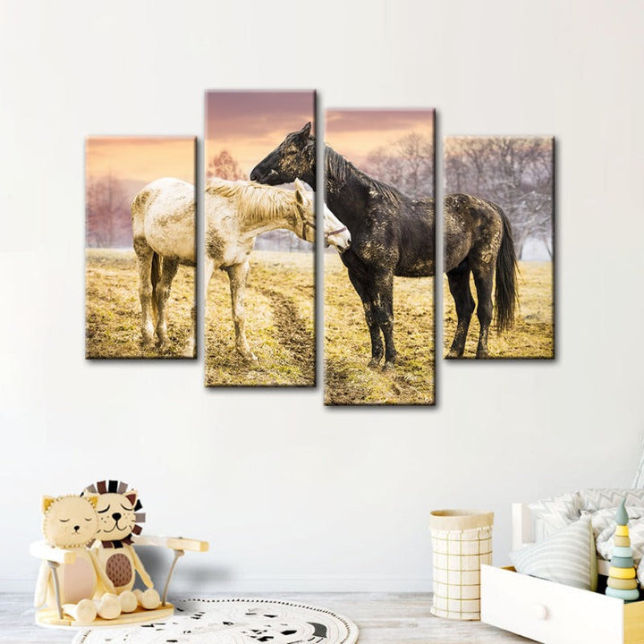 4 Piece Black & White Horses - Canvas Wall Art Painting | Bowlift