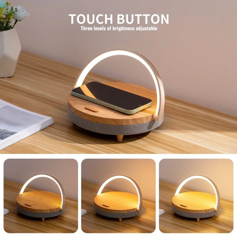BowLift | Multifunctional Wooden Table Lamp with Bluetooth Speaker & Wireless Charger