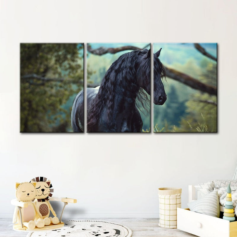 Black Horse in Forest-Canvas Wall Art Painting 3 Pieces | Bowlift