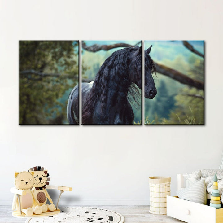 Black Horse in Forest-Canvas Wall Art Painting 3 Pieces | Bowlift