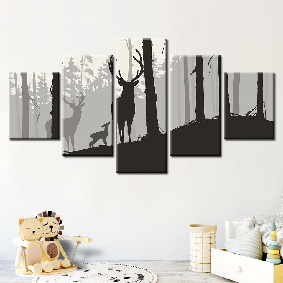Silhouette Deer Family 5 Piece - Canvas Wall Art Painting | Bowlift