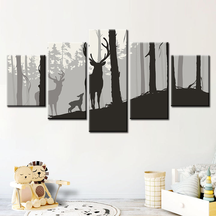 Silhouette Deer Family 5 Piece - Canvas Wall Art Painting | Bowlift