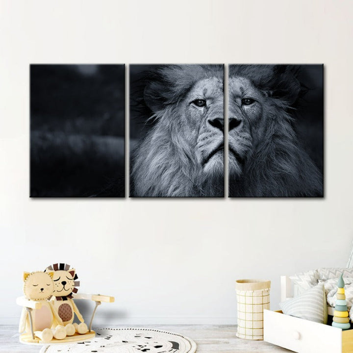Grayscale Concerned Lion-Canvas Wall Art Painting 3 Pieces | Bowlift