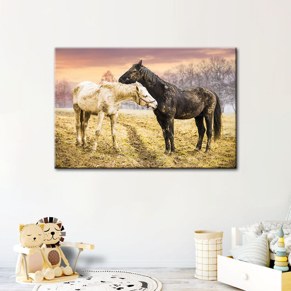 Black & White Horses - Canvas Wall Art Painting | Bowlift