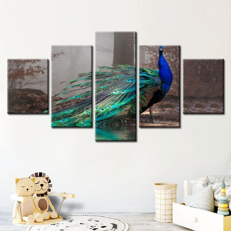 5 Piece Vivid Peacock by the Pond - Canvas Wall Art Painting | Bowlift